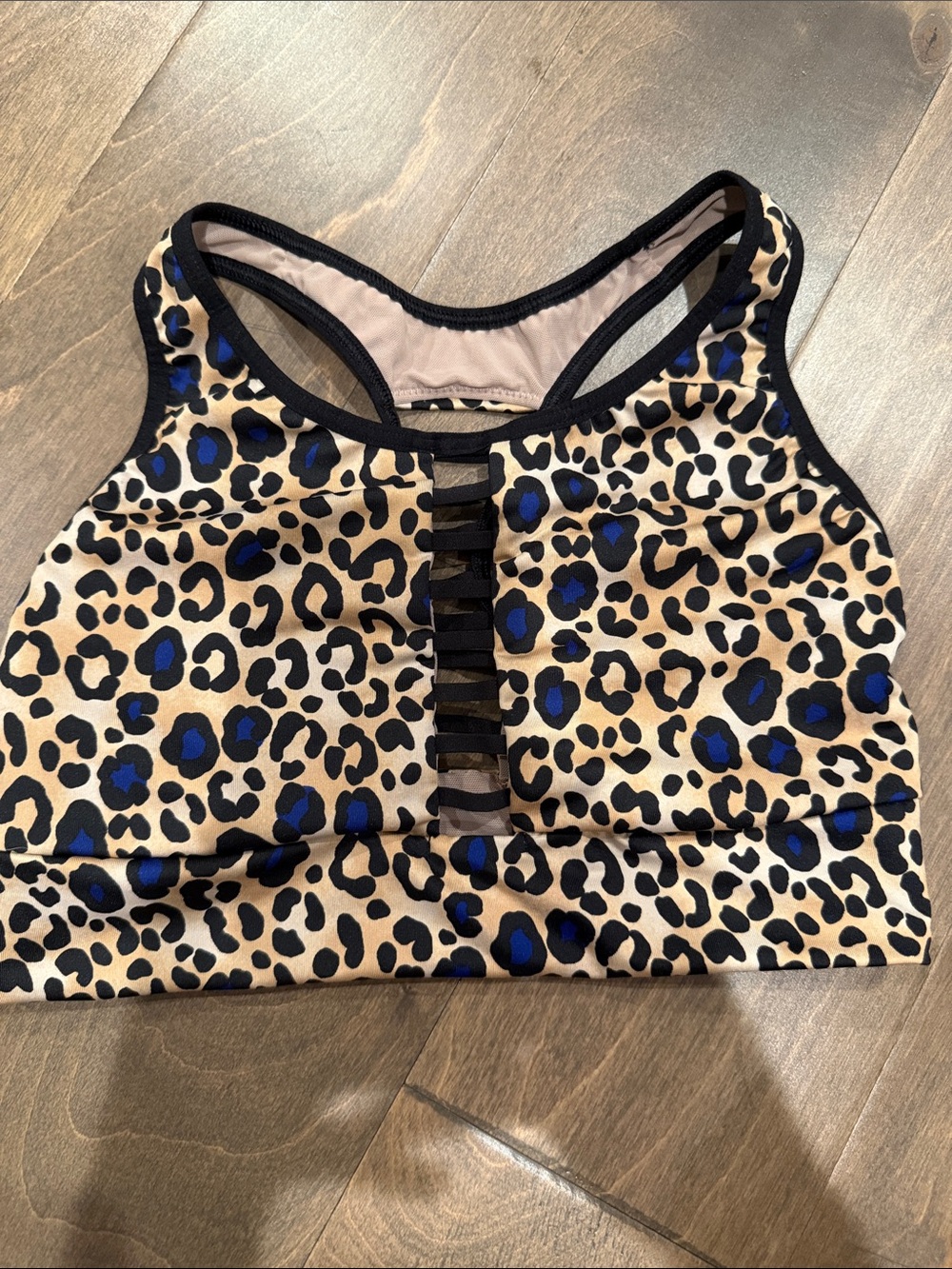 Leopard Print Sports Bra with Blue Spot Accents